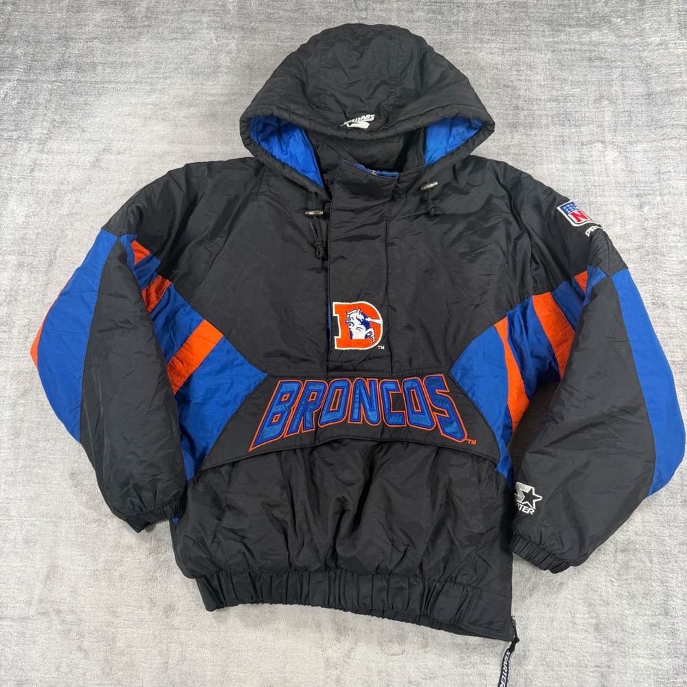 Denver Broncos Jacket Mens Small Black Vintage 90s Pullover Kangaroo Pouch NFL